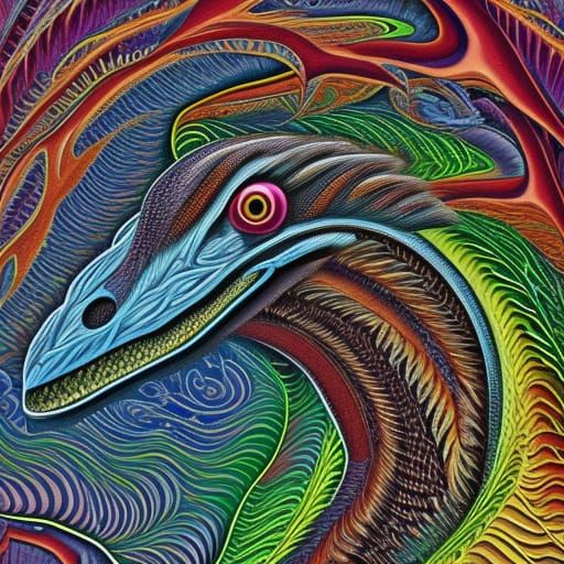 Feathered Velociraptor in Oil Painting Style