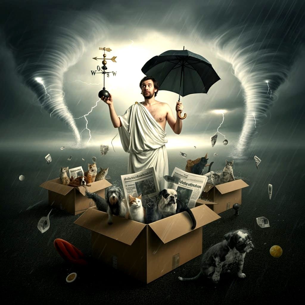 Surreal Toga Man Amidst Chaotic Weather