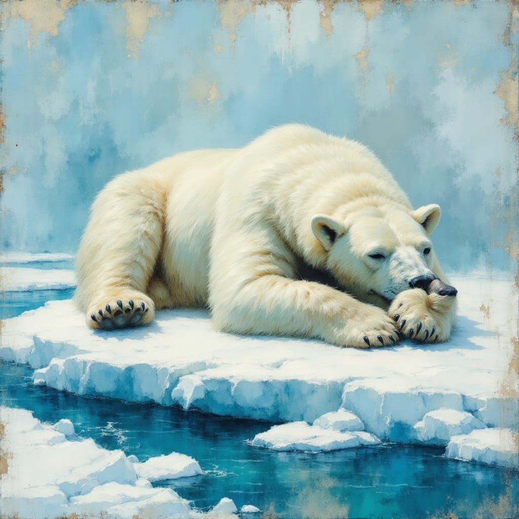 Polar Bear Resting on Ice in Painterly Style