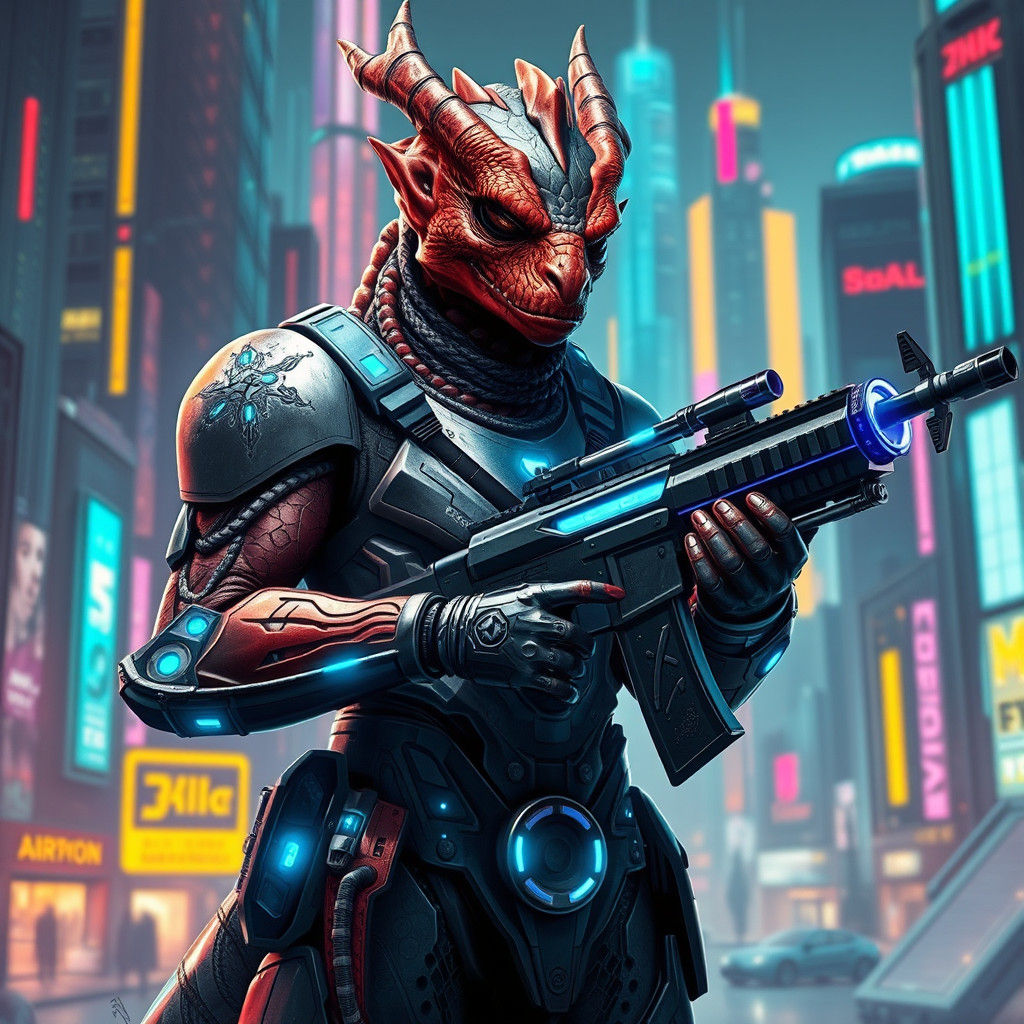 Futuristic Dragon Warrior in Cyberpunk Cityscape
