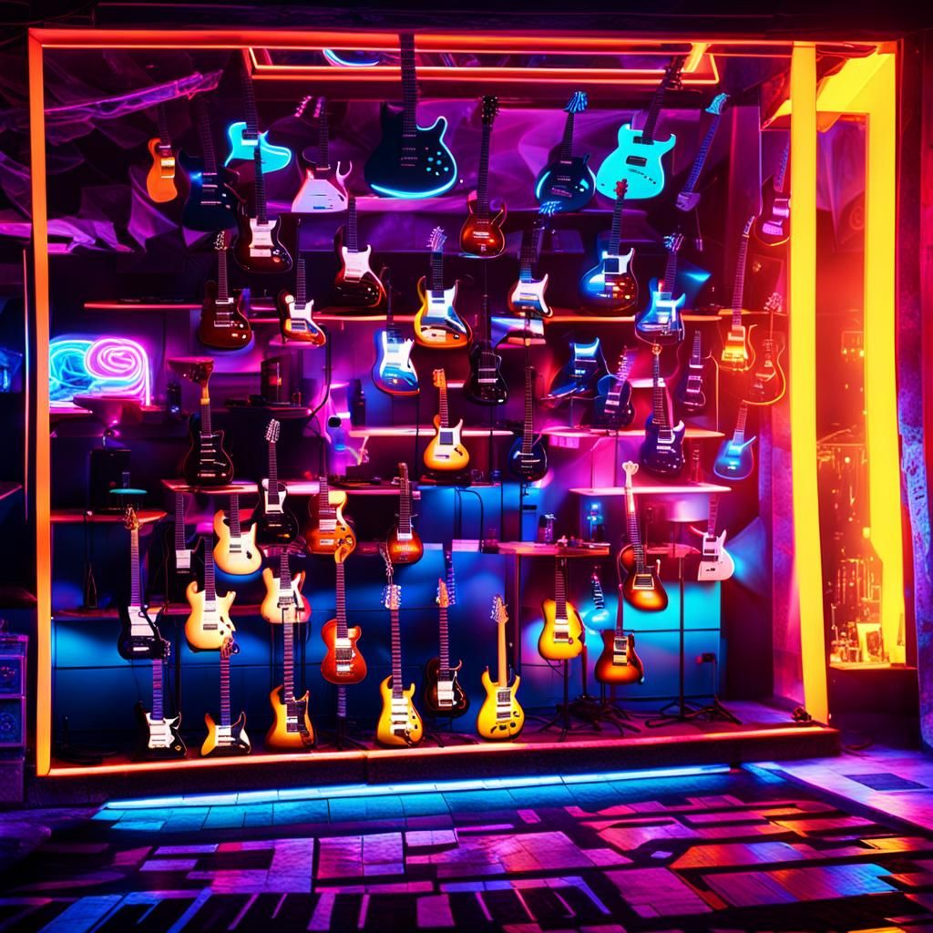 Futuristic Bar Scene: Guitars in Neon-Hued Hyper-Realism