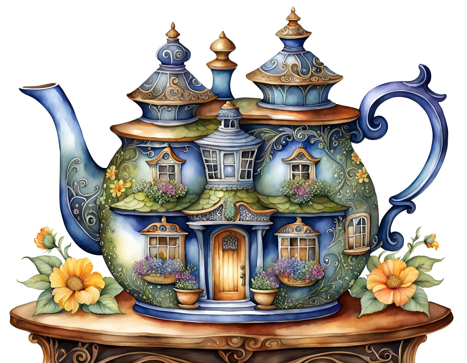 Ornate Teapot House in Watercolor Style
