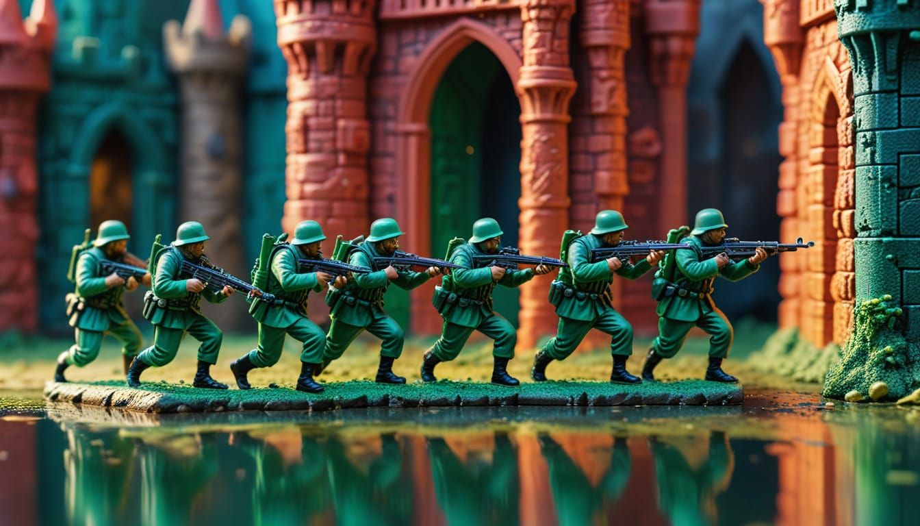 Toy Soldiers Attack Toy Castle in Acrylic Style