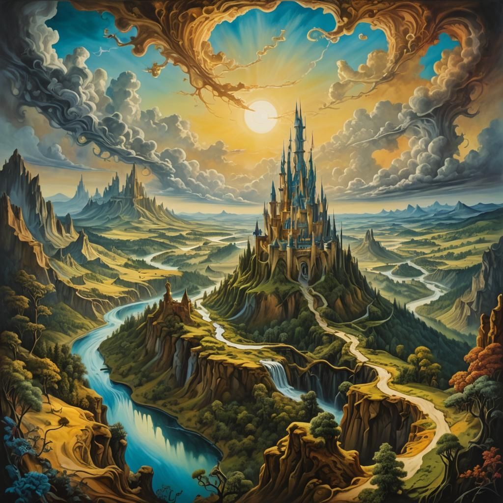 Surreal Fantasy Landscape with Distant Castle as Oil Paintin...