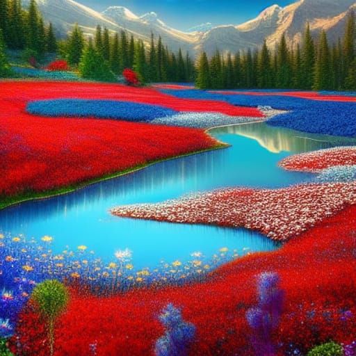 Flower Meadow with Lake in Fantasy Concept Art