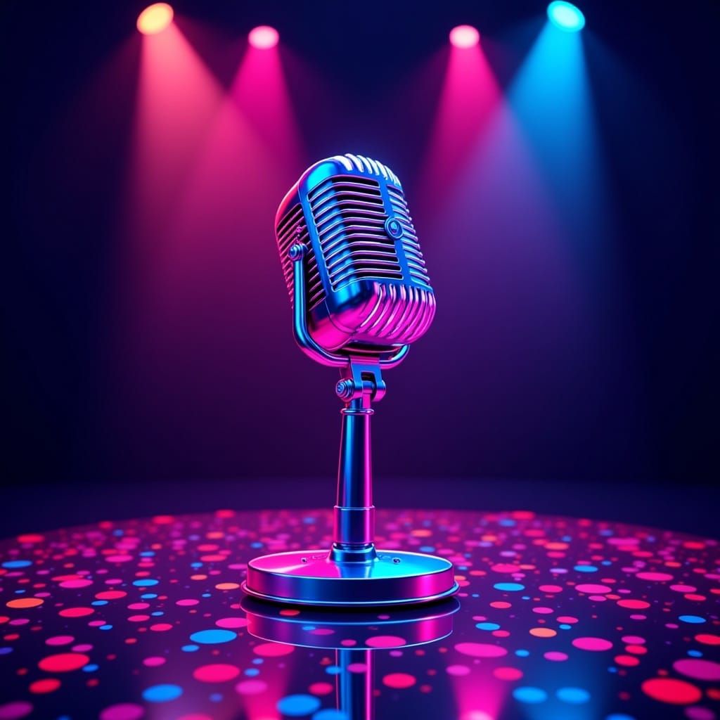 Neon Microphone on Stage in Pop Art Style