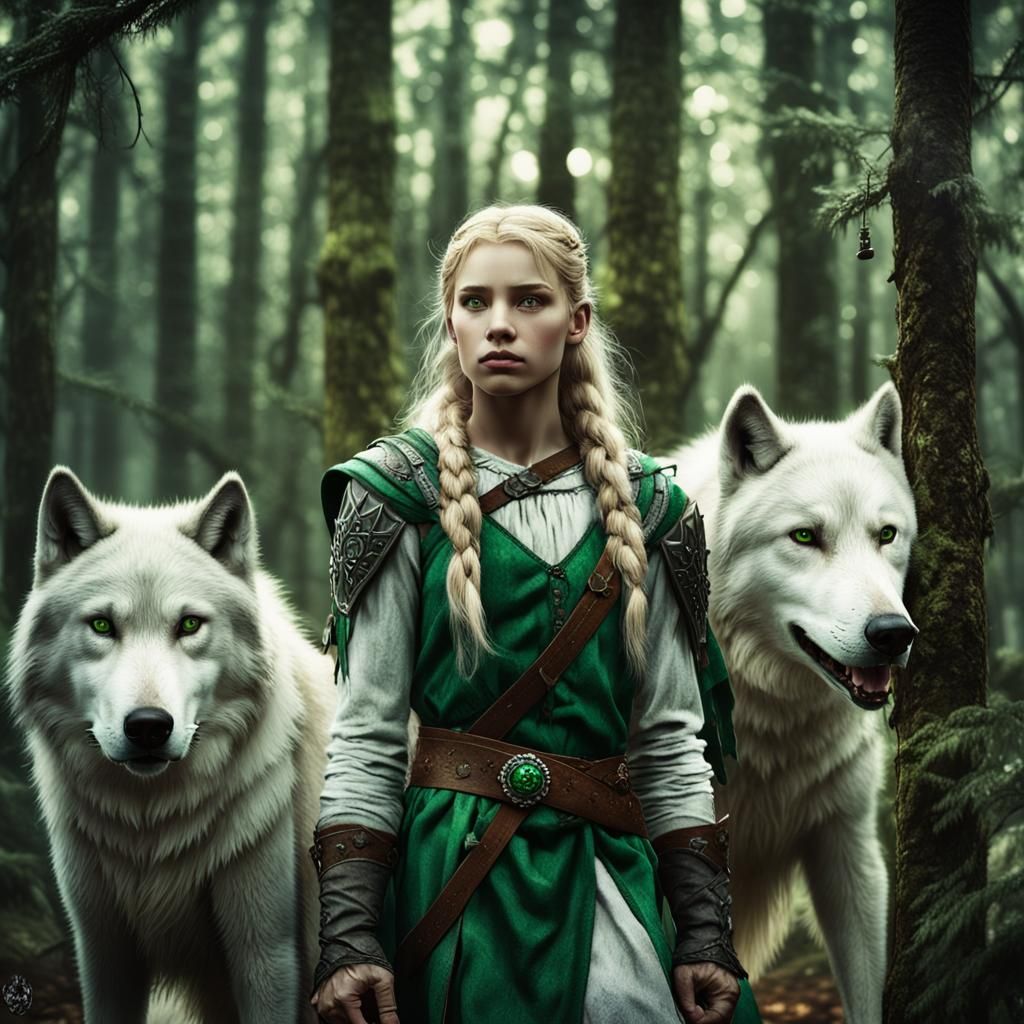 Half-Elf Ranger with White Wolf in Forest