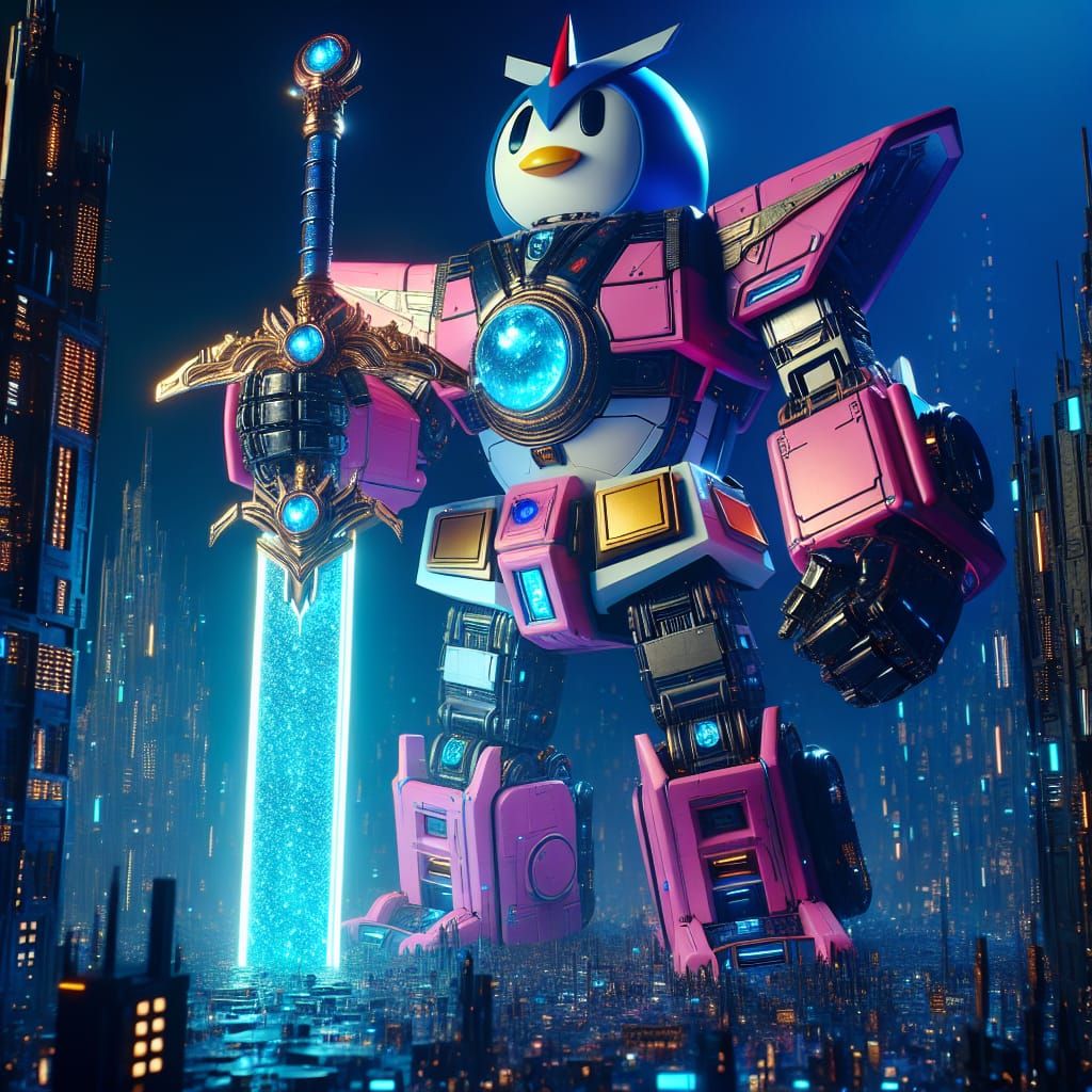 Pink Penguin Robot Over Neon Metropolis in Super Sentai Styl...