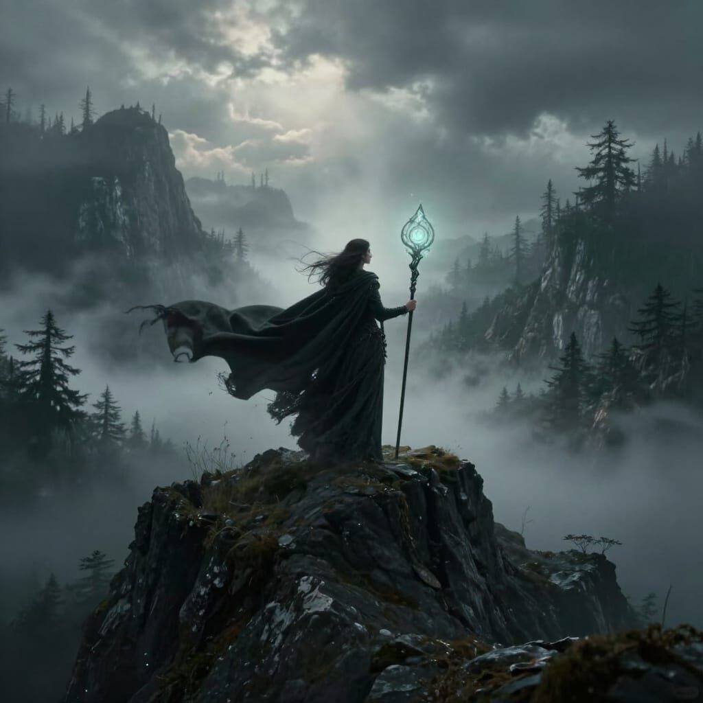 Powerful Sorceress Overlooks Misty Enchanted Forest