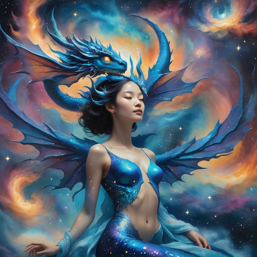 Celestial Dragon Woman in Galaxy, Fantasy Art