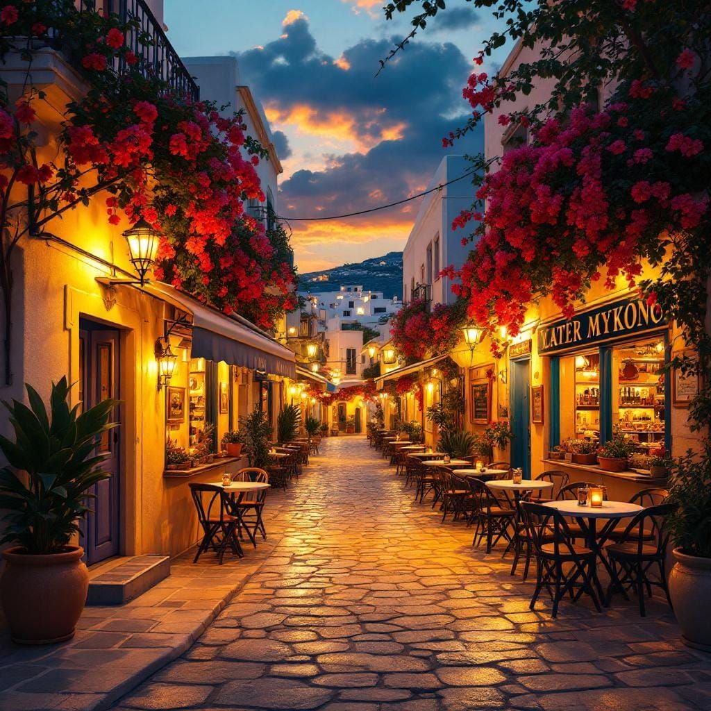 Festive Mykonos Street Scene in Digital Matte Painting Style