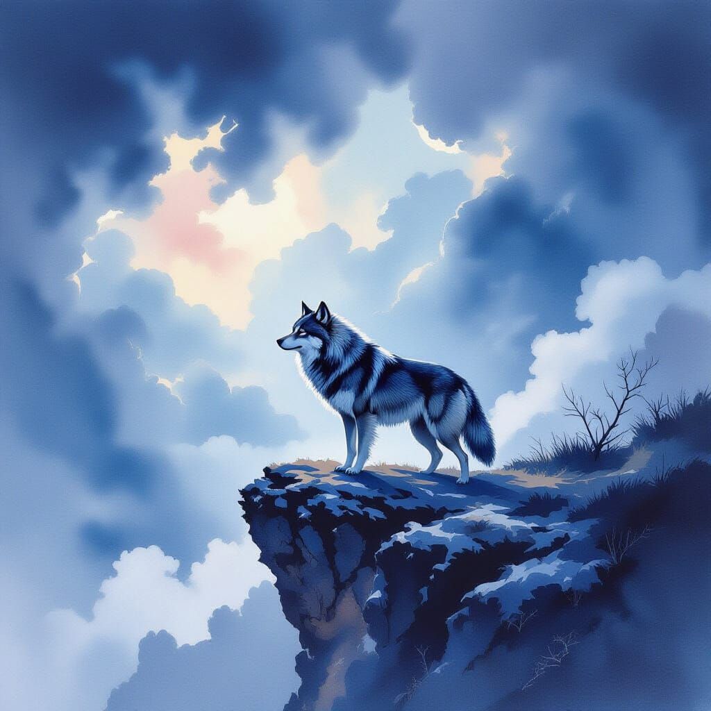 Majestic Wolf on Cliff Edge Under Stormy Sky