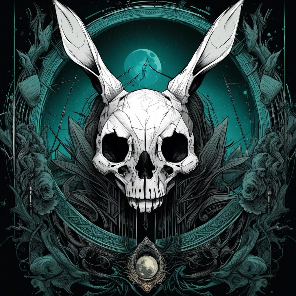 Rabbit Skull and Moon in Inkpunk Style