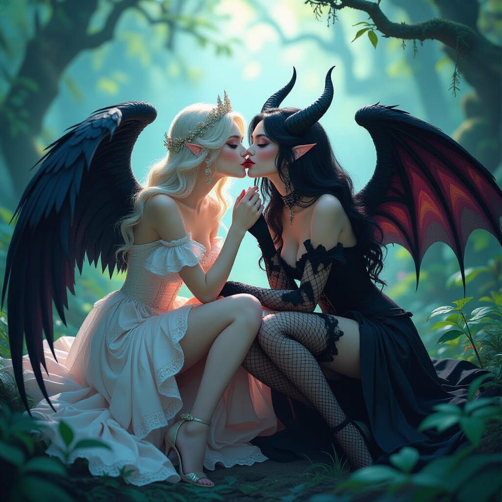 Angelic Lady Kisses Demon in Magical Forest