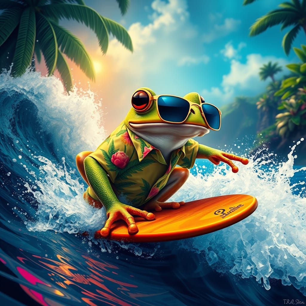 Frog Surfing Tidal Wave in Hyperrealistic Style