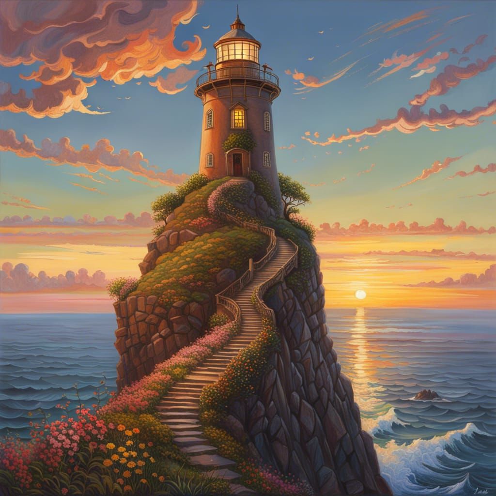 Lighthouse on Flowering Cliff at Sunset