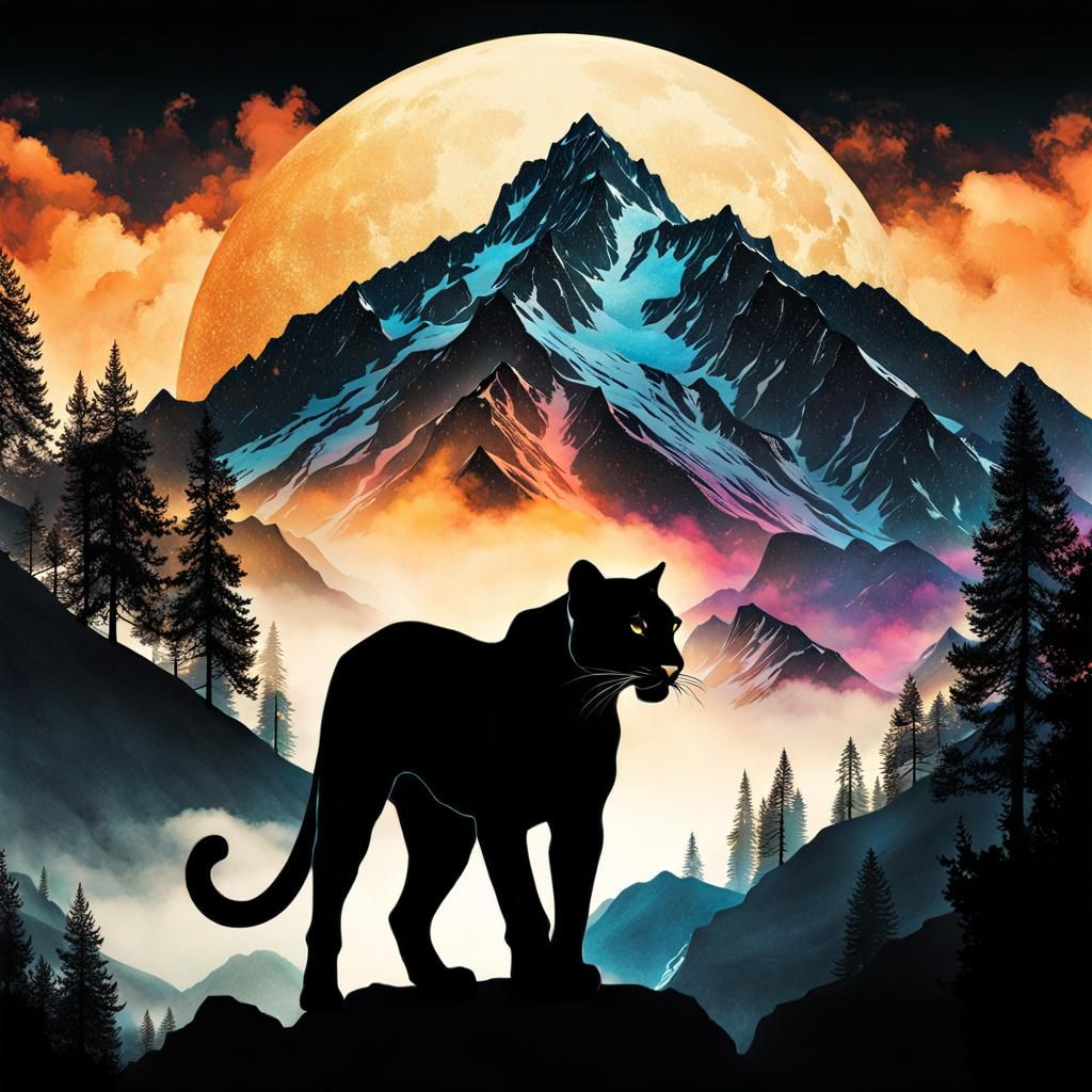 Mystical Double Exposure: Mountain Panther Portrait