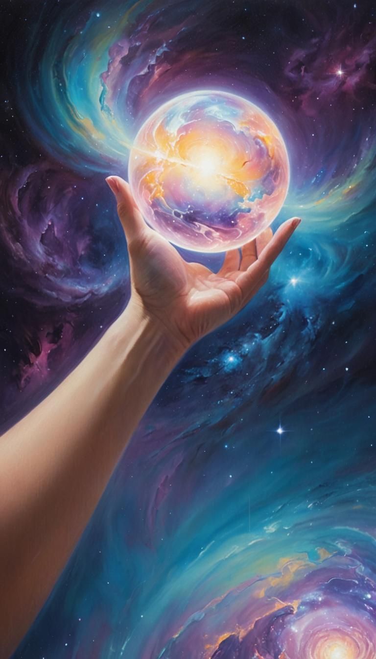 Woman Holding Glowing Planet in Cosmic Surrealism