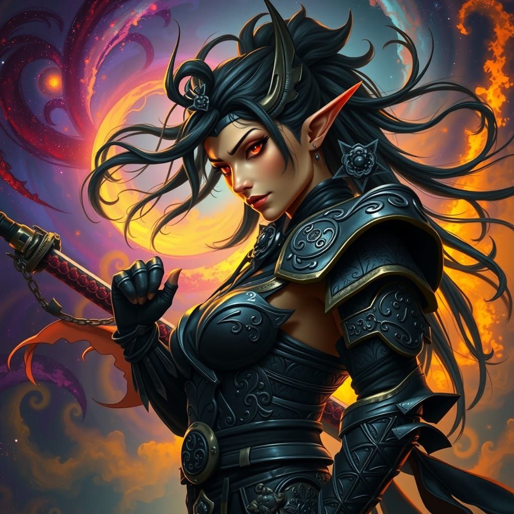 Dark Fantasy Drow Elf Samurai in Ornate Art Nouveau Armor