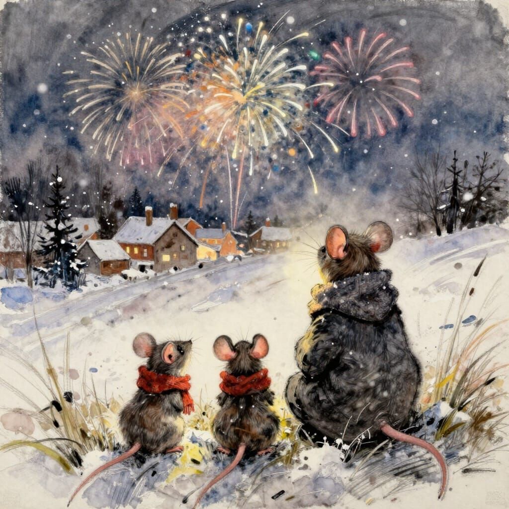 Winter Mice Family Watches Fireworks in Gouache Style