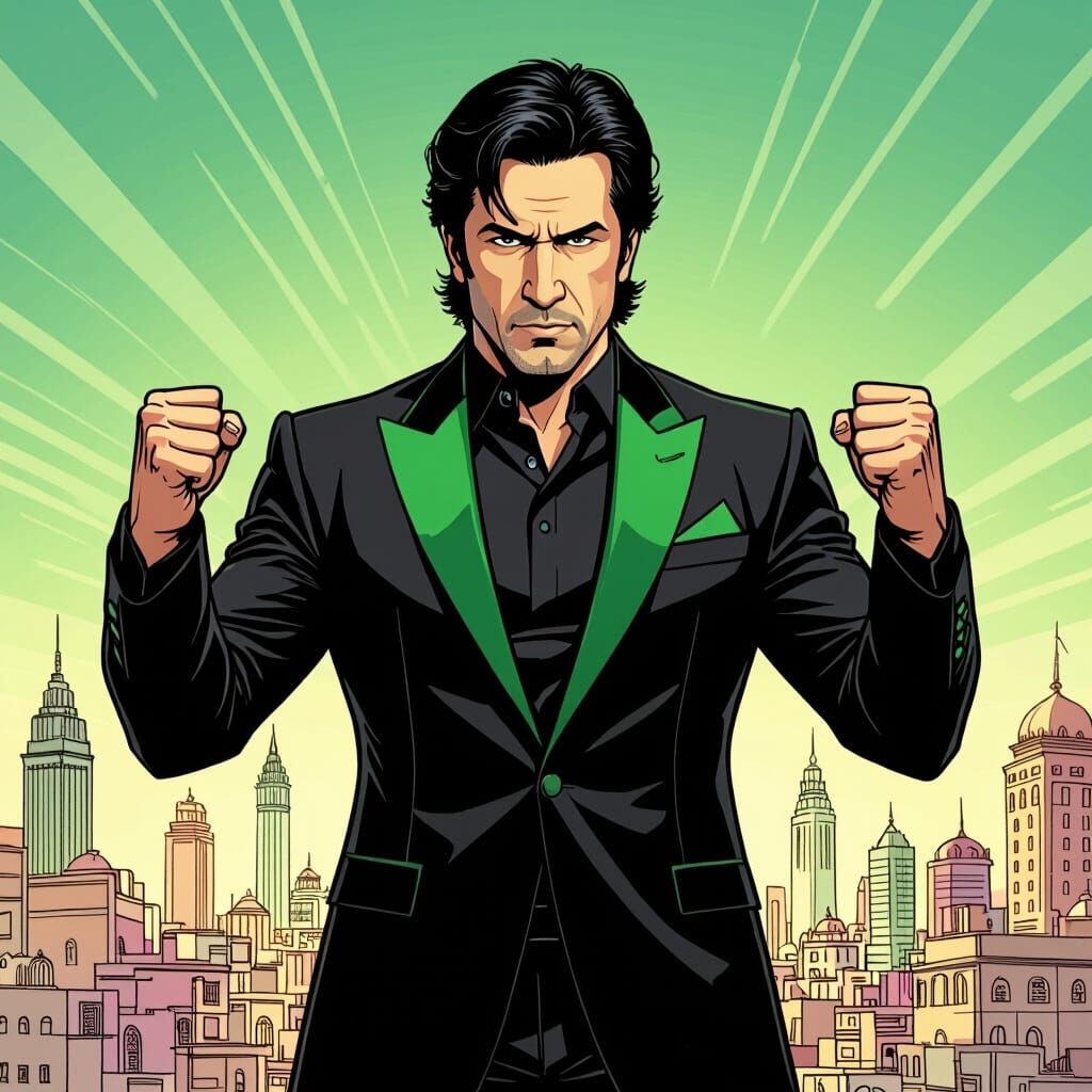 Imran Khan Heroic Pose in Pakistani Cityscape