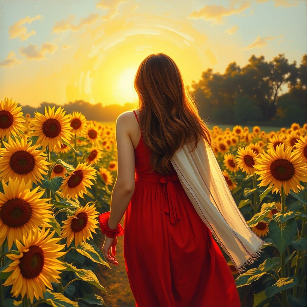 Woman in Red Dress in Sunflower Field at Sunset
