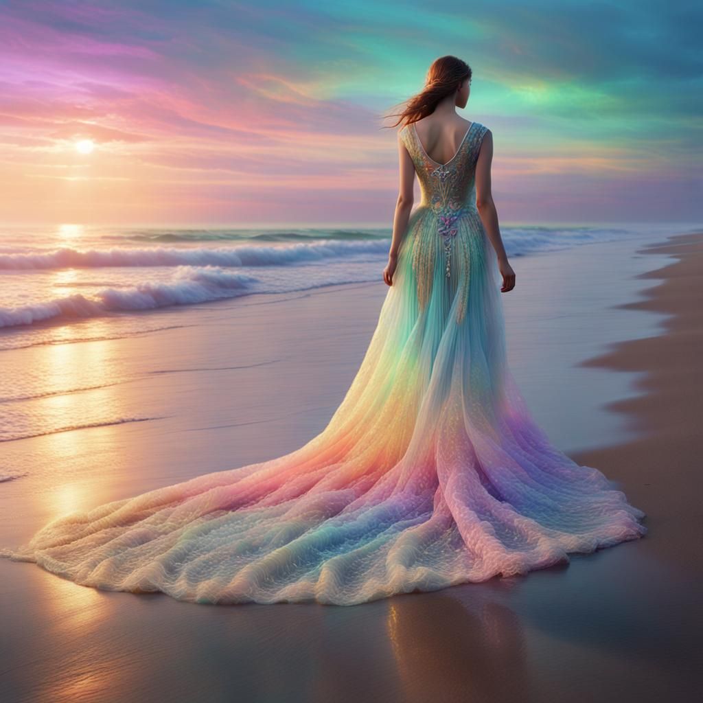 Woman in Rainbow Dress on Shore, Digital Art