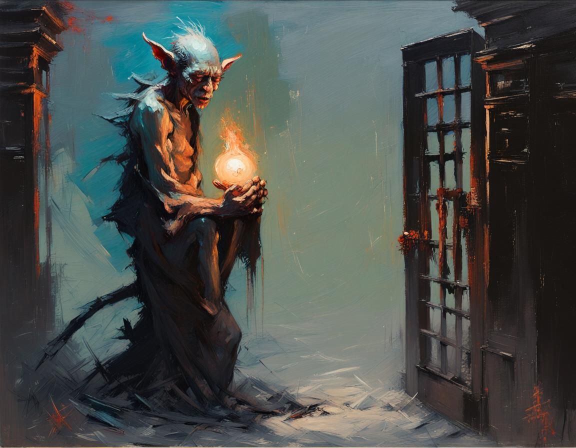Graveyard Goblin Oil Painting in Hokusai Style