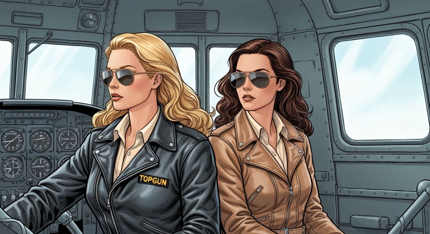 Female Pilots in Vintage Cockpit: Comic Book Illustration