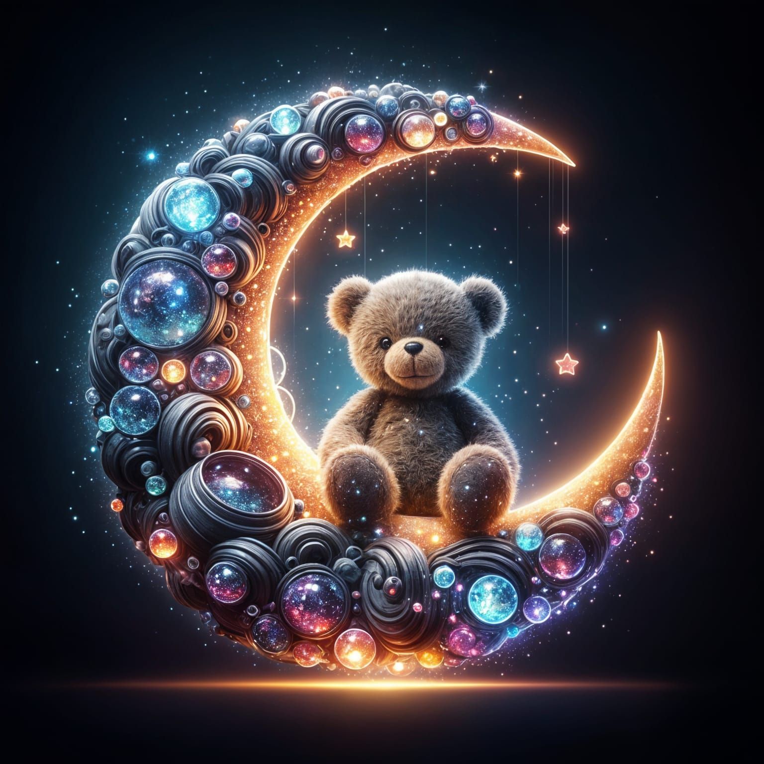 Teddy Bear in Neon Celestial Crescent Moonscape