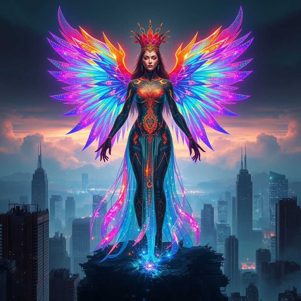 Digital Goddess Rises from Shattered Screen in Cyberpunk Sty...