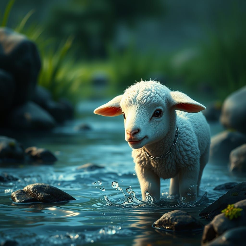 Nervous Lamb and Stream: Detailed Matte Painting