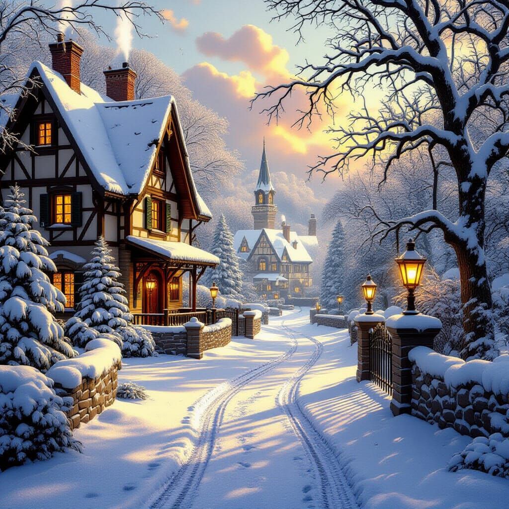 Sunlit Christmas Book Page with Snowy Path