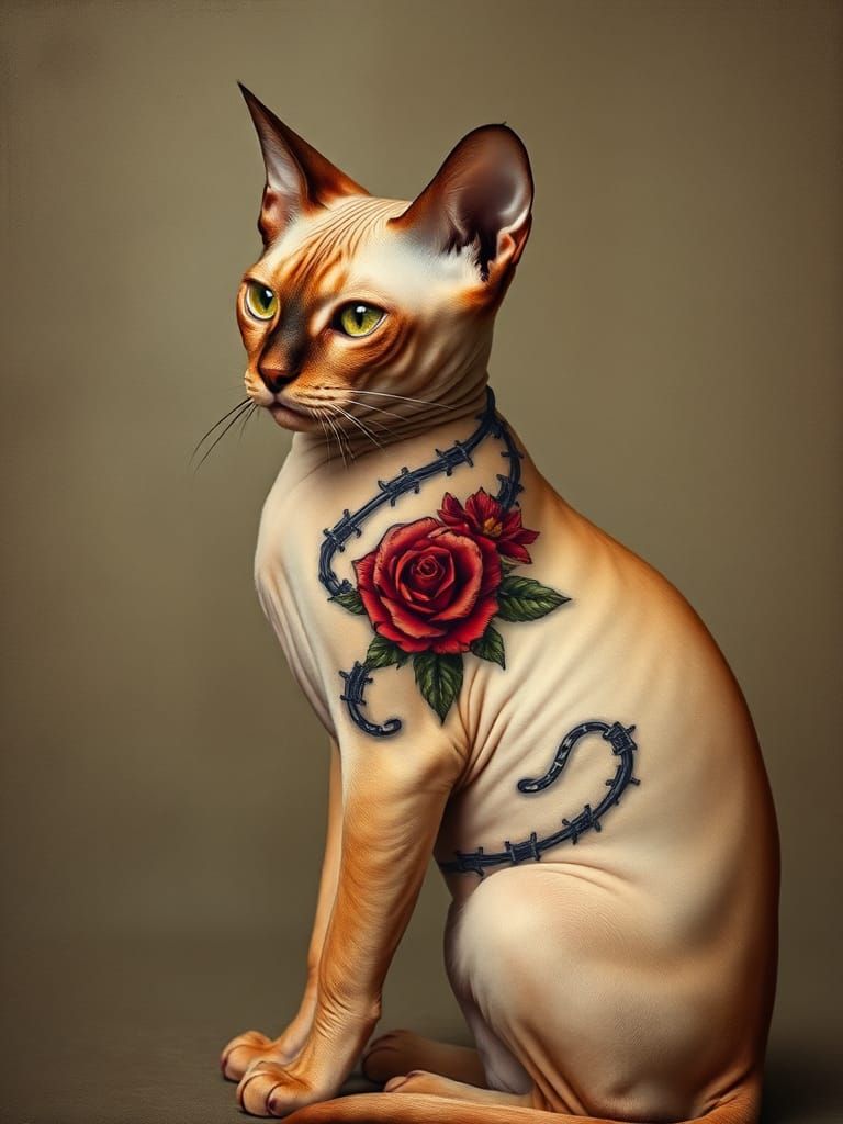 Tattooed Sphinx Cat in Grunge Style
