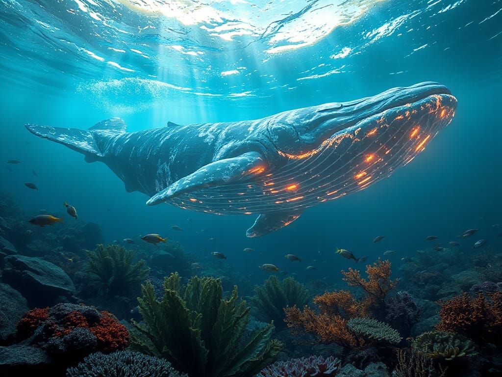 Bioluminescent Whale Gliding Through Kelp Forest