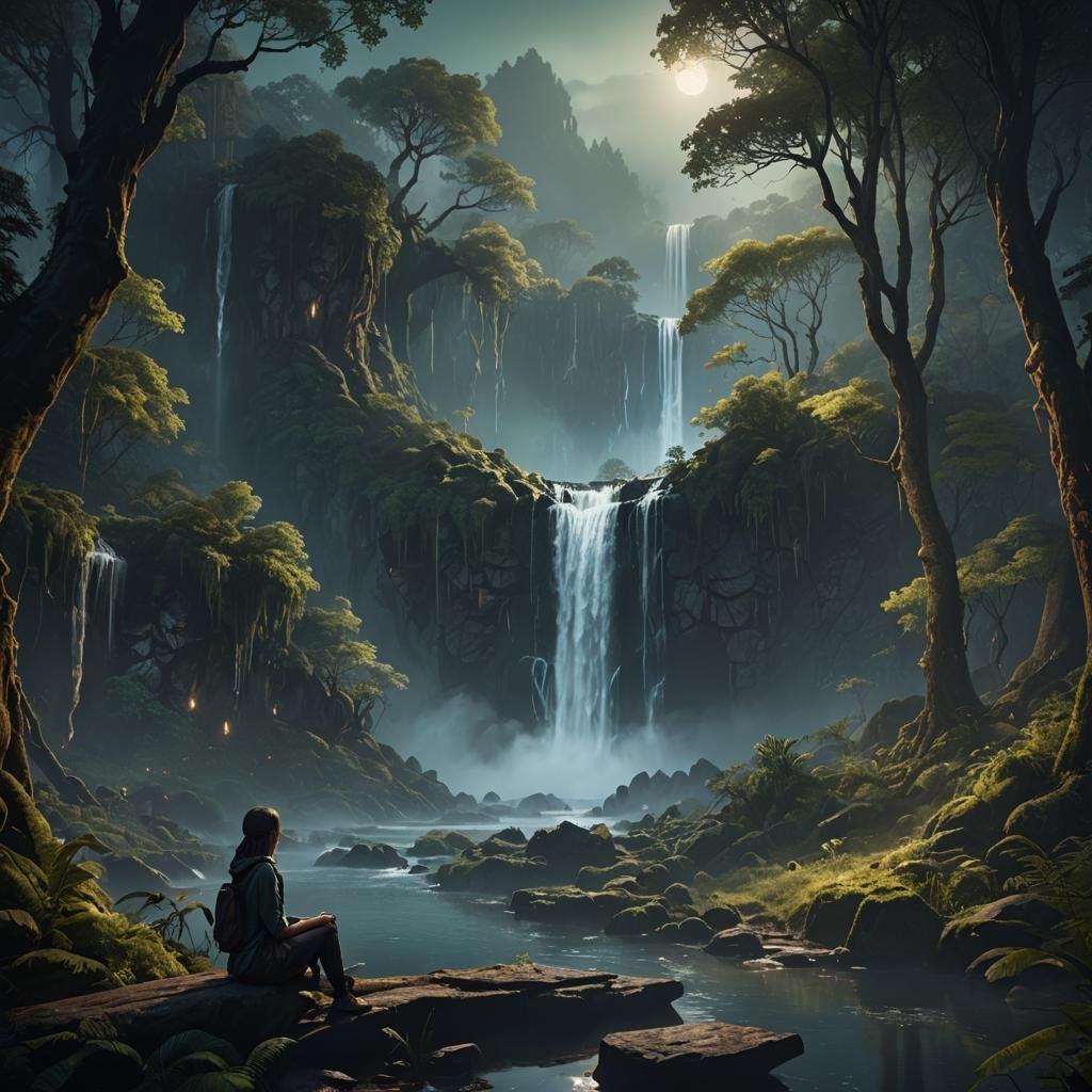 Night Forest Waterfall Scene with Young Girl