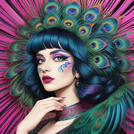 Vibrant Woman with Peacock Feathers, Surrealist Portrait