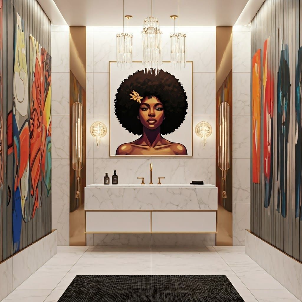 Minimalist Bathroom with Afro Portrait in Anime Style