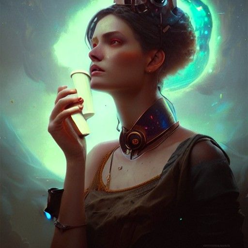 Coffee Goddess Portrait in Holographic Astral Style