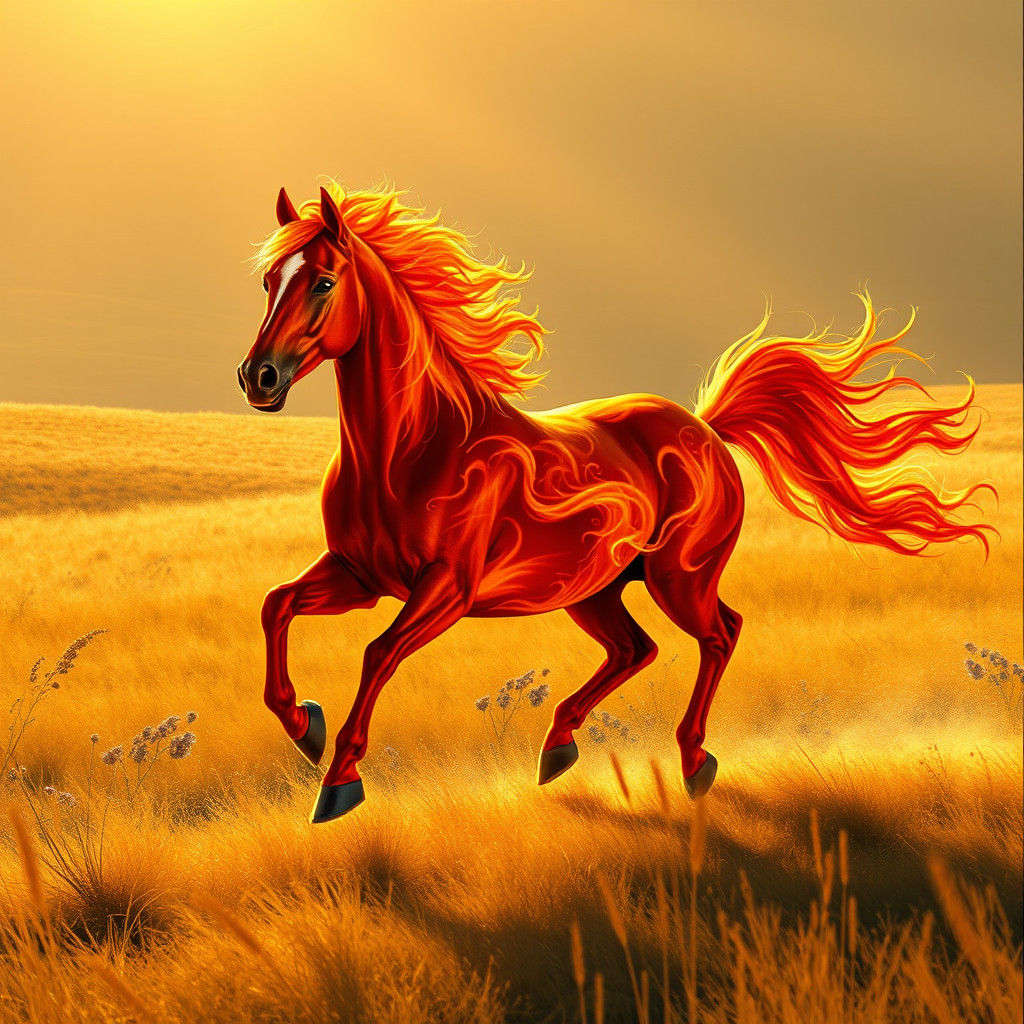 Fiery Horse Gallops Across Sunlit Prairie