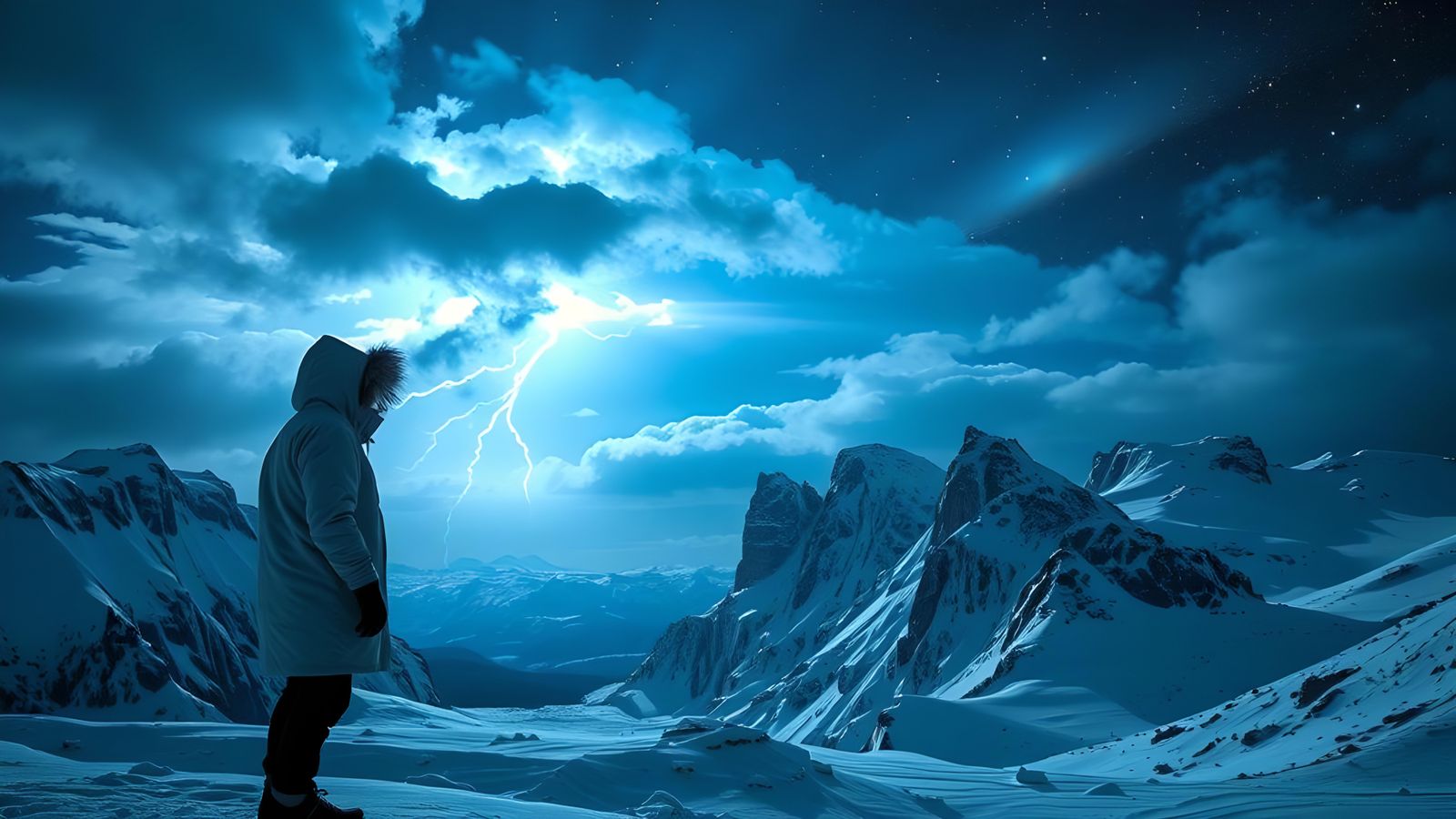 Electric Blue Lightning Storm Over Glacial Valley