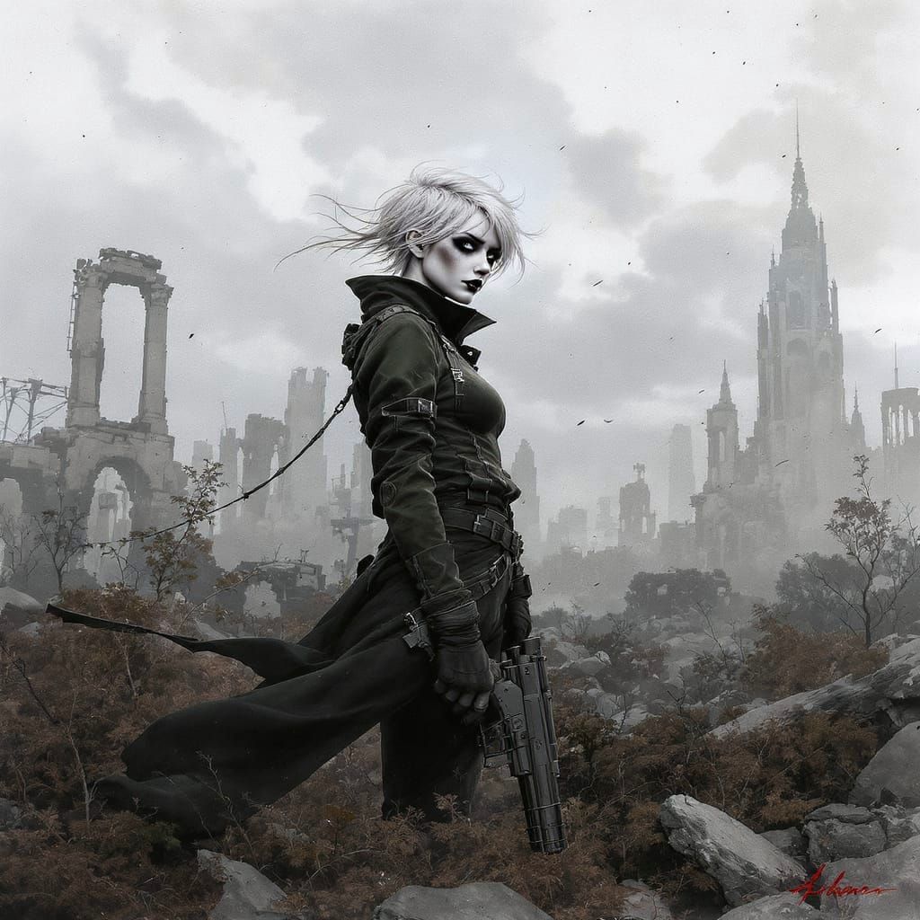 Gothic Warrior in Ruined City, Ink Splatter Art