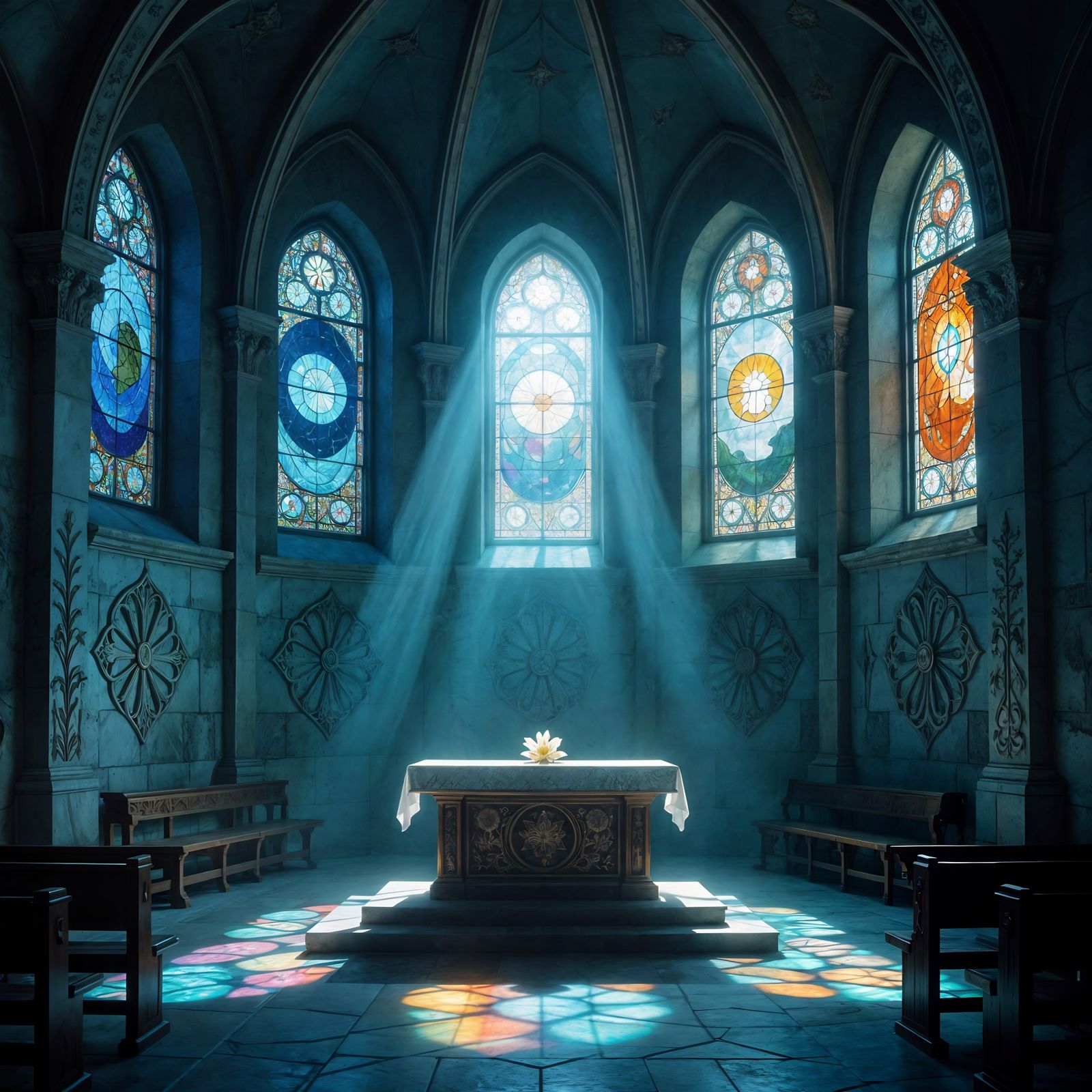 Otherworldly Chapel Interior with Celestial Stained Glass