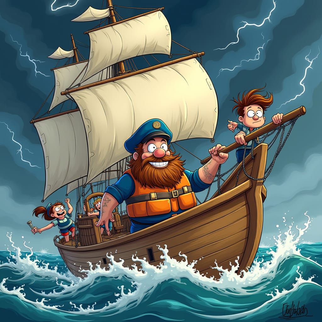 Whimsical Sailboat in Turbulent Storm