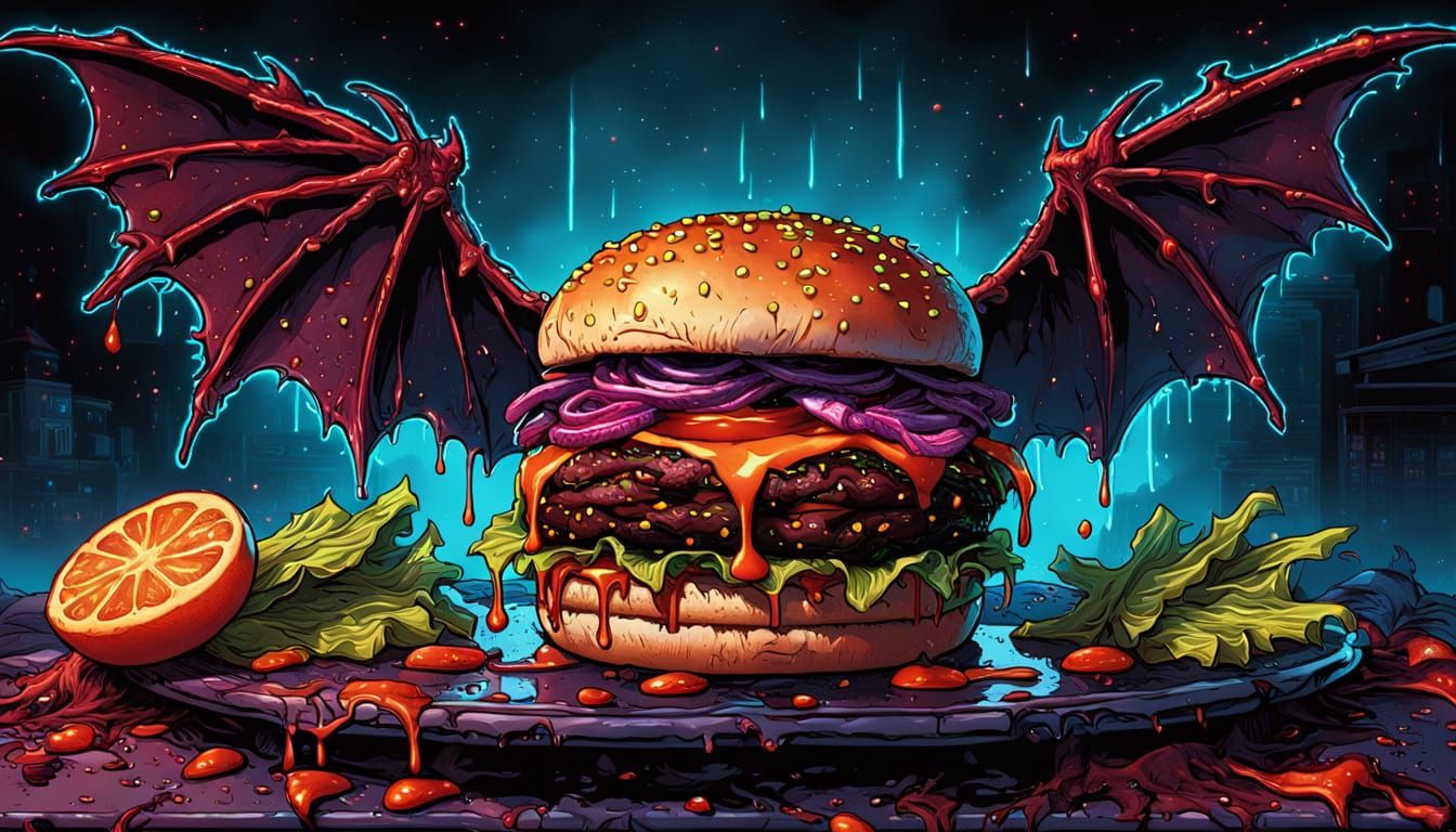 Zombiecore Hamburger with Bat Wings in Comic Art Style