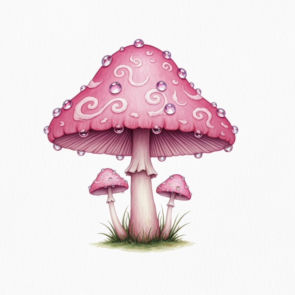 Whimsical Pink Mushroom with Dew Drops in Watercolor Style