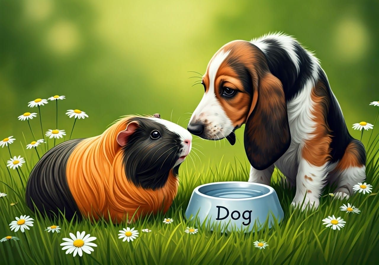 Guinea Pig and Dachshund Kiss in Acrylic Ink Style