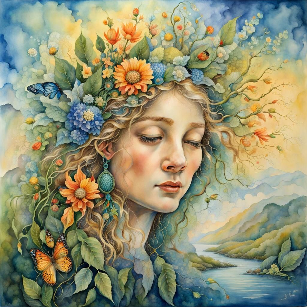 Surreal Brain Network in Watercolor With Flowers