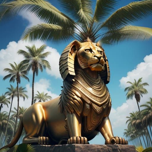 Hyper-Realistic Sphinx in Lush Palm Tree Forest