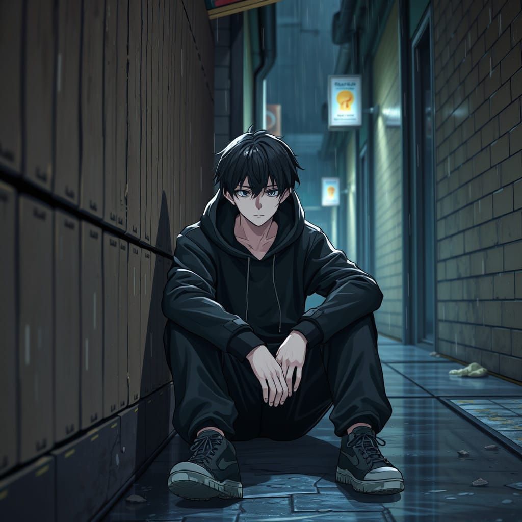 Surreal Cyberpunk Depressed Man in Dark Alleyway